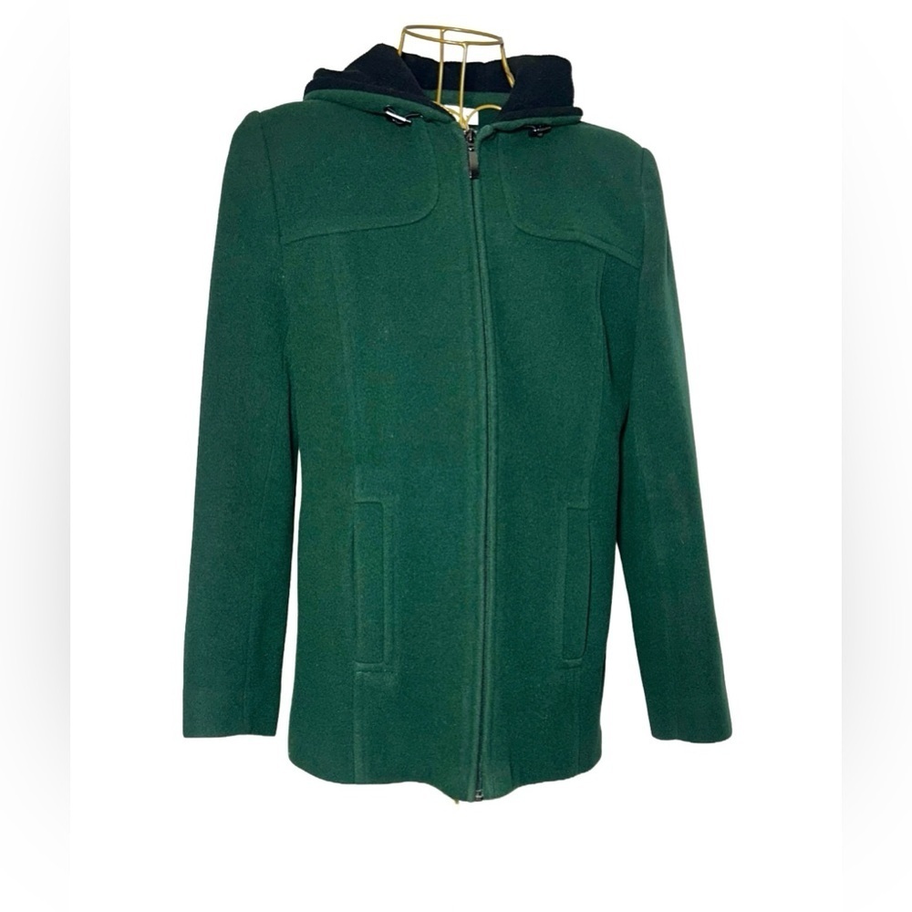 Preston & York Wool Coat in Rich Green with Pockets, Full Zip, & Hood, Small - Picture 3 of 15